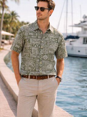 Folk Olive Green Tribal Print Button Front Shirt Size M